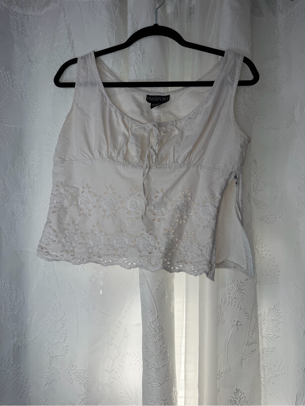 Passport Ivory Embroidered Tank with Tie Neck